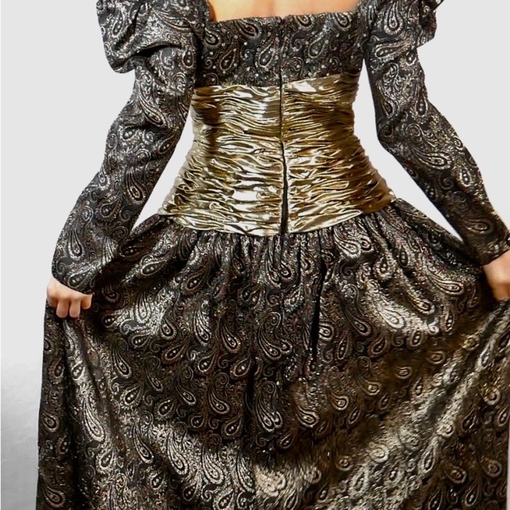 Paisley Black And Gold Evening Gown With Rhinestones Circa 1980s